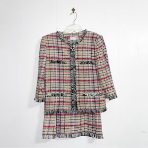 ST. JOHN COLLECTION Suit Pink Green White Jacket & Skirt 2 Piece Fringe Tweed 12